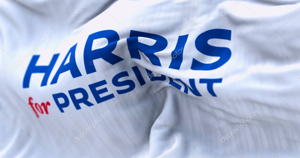 Wilmington, US, July 22 2024: Close-up of Kamala Harris 2024 presidential campaign flag waving. Illustrative editorial 3d illustration render. Textured background