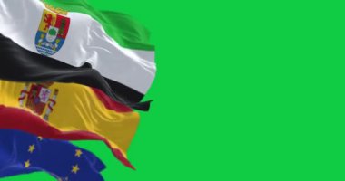 Yeşil arka planda İspanyol ve Avrupa Birliği bayraklarıyla Extremadura bayrağı dalgalanıyor. Kusursuz 3D canlandırma animasyonu. Krom anahtar. Yavaş çekim döngüsü. Yeşil ekran. 4 bin. Seçici odak