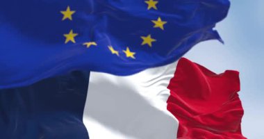 Açık bir günde Fransa bayrağı ve Avrupa Birliği 'nin yakın çekimi. Fransa 1 Ocak 1958 tarihinde Avrupa Birliği üyesi oldu. Kusursuz 3 boyutlu animasyon. Yavaş çekim döngüsü. Seçici odak