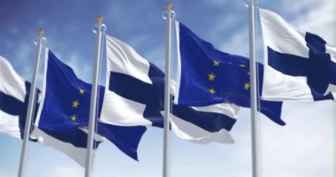 Finlandiya 'nın ulusal bayrakları açık bir günde Avrupa Birliği bayraklarıyla dalgalanır. Kusursuz 3 boyutlu animasyon. Yavaş çekim döngüsü. Seçici odak