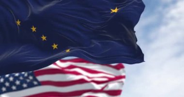 Alaska eyaleti bayrağı Birleşik Devletler bayrağıyla rüzgarda dalgalanıyor. Alaska bayrağı Big Dipper ve Polaris yıldızlarıyla mavidir. Kusursuz 3 boyutlu animasyon. Yavaş çekim döngüsü. Seçici odak