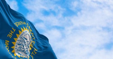 Rüzgarda dalgalanan Güney Dakota bayrağının yakın çekimi. Gökyüzü mavi alanı, eyalet mührü ve Güney Dakota ve Mount Rushmore State yazıtları. 3D illüstrasyon canlandırıcı. Çırpınan kumaş