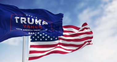 Arlington, ABD, 22 Ağustos 2024: Donald Trump ve JD Vance 2024 başkanlık kampanyası bayrağı birlikte dalgalanmaktadır. 2024 ABD başkanlık seçimi. 3d illüstrasyon oluşturucu