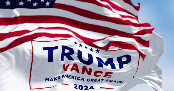 Arlington, US, Aug. 22 2024: Donald Trump and JD Vance 2024 presidential campaign flag waving with american flag waving together. 2024 US presidential election. 3d illustration render