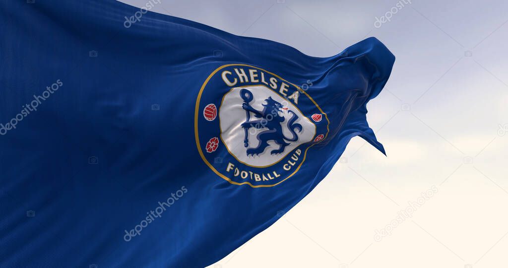 London, UK, Aug 10 2024: Close-up of Chelsea Football Club flag waving on a clear day. Blue Heraldic lion holding a staff. Illustrative editorial 3d illustration render. Fluttering fabric