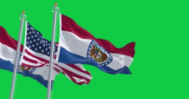 Missouri eyaleti bayrakları yeşil arka planda izole edilmiş ulusal Amerikan bayrağıyla dalgalanıyor. Kusursuz 3D canlandırma animasyonu. Krom anahtar. Yavaş çekim döngüsü. Yeşil ekran. 4 bin. Seçici odak