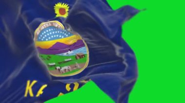 Yeşil arka planda rüzgarda dalgalanan Kansas eyalet bayrağına yakın çekim. Kusursuz 3D canlandırma animasyonu. Krom anahtar. Yavaş çekim döngüsü. Yeşil ekran. 4 bin. Seçici odak