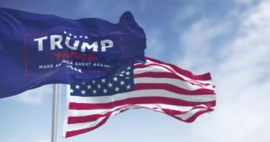 Arlington, ABD, 22 Ağustos 2024 Trump ve Vance 2024 başkanlık bayrağı birlikte dalgalanmaktadır. 2024 ABD başkanlık seçimi. Kusursuz 3 boyutlu animasyon. Yavaş çekim döngüsü. Seçici odak