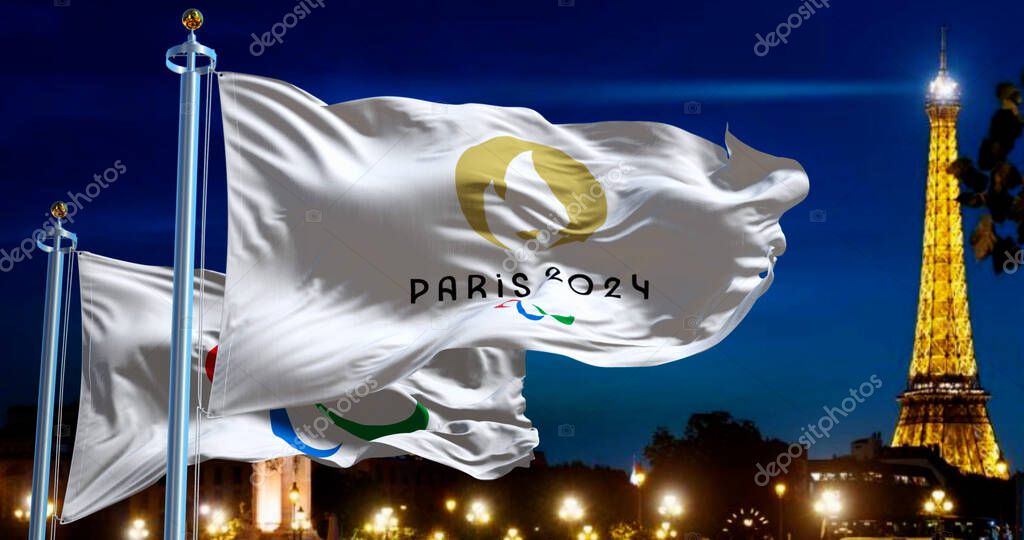 Paris, FR, Sept 1st 2024: Paris 2024 and the Paralympics flags waving in the wind with blurred night Paris skyline in the background at night. 3d render illustration. Illustrative editorial