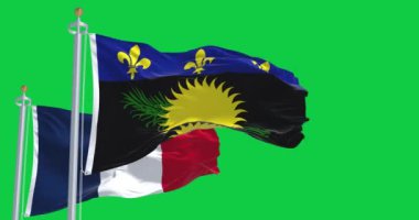 Yeşil arka planda izole edilmiş Fransız bayrağıyla Guadeloupe bayrağı dalgalanıyor. Kusursuz 3D canlandırma animasyonu. Krom anahtar. Yavaş çekim döngüsü. Yeşil ekran. 4 bin. Seçici odak