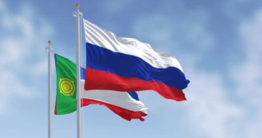 Rusya ve Hakassia 'nın bayrakları açık havada rüzgarda sallanıyor. Rusya Federasyonu Cumhuriyeti. Kusursuz 3 boyutlu animasyon. Yavaş çekim döngüsü. Seçici odak