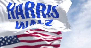 Arlington, ABD, 22 Ağustos 2024 Trump Vance 2024 Amerikan bayrağı dalgalanması. 2024 ABD başkanlık seçimi. Kusursuz 3 boyutlu animasyon. Yavaş çekim döngüsü. Seçici odak