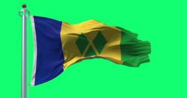 Saint Vincent ve Grenadines Ulusal Bayrağı yeşil arka planda izole halde sallanıyor. Kusursuz 3D canlandırma animasyonu. Krom anahtar. Yavaş çekim döngüsü. Yeşil ekran. 4K.