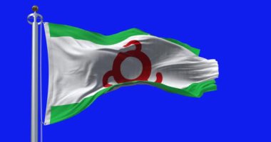 Ingushetia bayrağı mavi arka planda izole edilmiş. Kusursuz 3D canlandırma animasyonu. Krom anahtar. Yavaş çekim döngüsü. Mavi ekran. 4 bin. Seçici odak