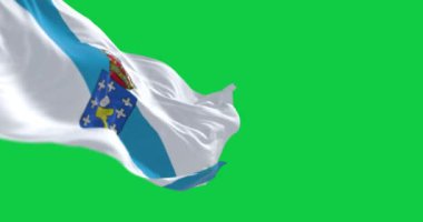 Yeşil arka planda izole edilmiş Galiçya bayrağı sallanıyor. Kusursuz 3D canlandırma animasyonu. Krom anahtar. Yavaş çekim döngüsü. Yeşil ekran. 4 bin. Seçici odak
