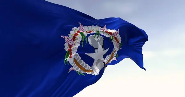 stock image Flag of the Northern Mariana Islands waving in the wind on a clear day. Unincorporated territory of the United States. 3d illustration render. Rippling fabric