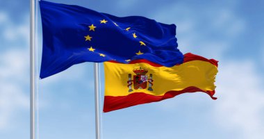 National flag of Spain waving with the European Union flag on a clear day. International cooperation. 3d illustration render. Rippled fabric. Selective focus clipart