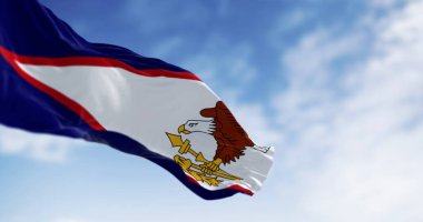 Rüzgarda dalgalanan Amerikan Samoa bayrağının yakın çekimi. Birleşik Devletler 'in Güney Pasifik Okyanusu' ndaki anonim toprakları. 3D illüstrasyon canlandırıcı. Seçici odak