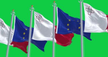 Malta ve Avrupa Birliği 'nin bayrakları yeşil arka planda yalıtılmış bir şekilde rüzgarda dalgalanıyor. Kusursuz 3D canlandırma animasyonu. Krom anahtar. Yavaş çekim döngüsü. Yeşil ekran. 4 bin. Seçici odak