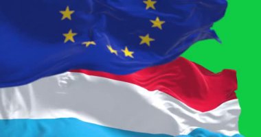 Yeşil arka planda izole edilmiş Lüksemburg ve Avrupa Birliği bayrakları sallanıyor. Kusursuz 3D canlandırma animasyonu. Krom anahtar. Yavaş çekim döngüsü. Yeşil ekran. 4 bin. Seçici odak