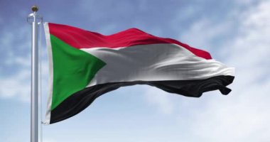 Sudan ulusal bayrağı rüzgarda dalgalanıyor. Kırmızı, beyaz, siyah yatay çizgiler ve kaldırma yerinde yeşil bir üçgen. Kusursuz 3 boyutlu animasyon. Yavaş çekim döngüsü. Seçici odak