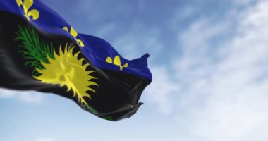 Guadeloupe bayrağı açık havada rüzgarda sallanıyor. Denizaşırı departman ve Fransa bölgesi. Kusursuz 3 boyutlu animasyon. Yavaş çekim döngüsü. Seçici odak