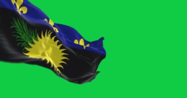 Rüzgarda dalgalanan Guadeloupe bayrağı yeşil arka planda izole edilmiş. Kusursuz 3D canlandırma animasyonu. Krom anahtar. Yavaş çekim döngüsü. Yeşil ekran. 4 bin. Seçici odak