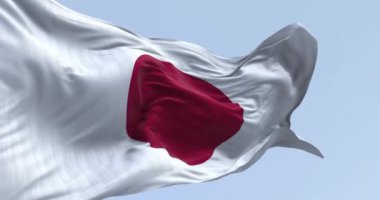 Açık bir günde Japonya ulusal bayrağı rüzgarda sallanıyor. Beyaz sahada kırmızı disk. Japonya Doğu Asya 'da bir ada ülkesidir. Kusursuz 3 boyutlu animasyon. Yavaş çekim döngüsü. Seçici odak
