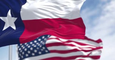 Teksas eyaletinin bayrakları Amerikan bayrağıyla rüzgarda dalgalanıyor. Beyaz yıldızlı mavi dikey çizgi, beyaz ve kırmızı yatay çizgiler. Kusursuz 3 boyutlu animasyon. Yavaş çekim döngüsü. Seçici odak