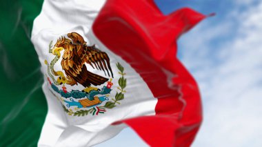 Açık bir günde Meksika bayrakları dalgalanıyor. Üç renkli yeşil, beyaz ve kırmızı. Beyaz çizginin ortasında milli arma var. 3 boyutlu illüstrasyon. Dalgalı tekstil. Seçici odak