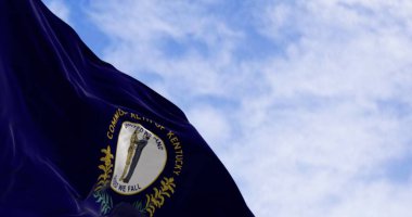 Kentucky 'nin Amerikan bayrağı dalgalandı. Kentucky bayrağı eyalet mührünü içeriyor: kucaklaşan iki adam, motto United We Stand, Divided We Fall above. 3D illüstrasyon canlandırıcı. Çırpınan kumaş