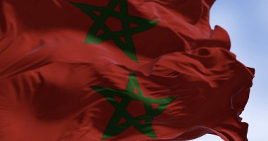 Close-up of Morocco national flag waving in the wind. Red flag with a green pentagram in the center. 3d illustration render. Selective focus. Close-up. Waving flag clipart