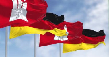 Açık bir günde Alman ulusal bayraklarıyla sallanan Hamburg şehir bayrağı. Kusursuz 3 boyutlu animasyon. Yavaş çekim döngüsü. Seçici odak