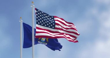 Michigan eyalet bayrağı ve açık havada rüzgarda dalgalanan ulusal Amerikan bayrağı. Gurur ve vatanseverlik kavramı. 3D canlandırma canlandırması. Yavaş çekim döngüsü. Seçici odak