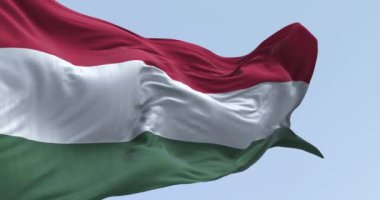Açık bir günde Macaristan ulusal bayrağının rüzgarda dalgalandığı yakın çekim. Yatay çizgili kırmızı, beyaz ve yeşil bayrak. Kusursuz 3 boyutlu animasyon. Yavaş çekim döngüsü.