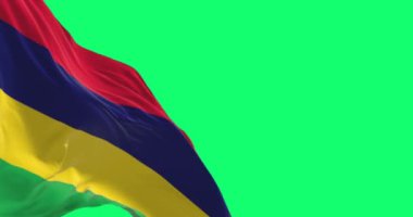 Mauritius ulusal bayrağı yeşil arka planda yalıtılmış bir şekilde rüzgarda dalgalanıyor. Kusursuz 3D canlandırma animasyonu. Krom anahtar. Yavaş çekim döngüsü. Yeşil ekran. 4 bin. Seçici odak