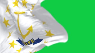 Rhode Island eyalet bayrağının yakın çekimi yeşil arka planda yalıtılmış rüzgarda dalgalanıyor. Kusursuz 3D canlandırma animasyonu. Krom anahtar. Yavaş çekim döngüsü. Yeşil ekran. 4 bin. Seçici odak