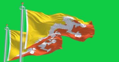 Bhutan ulusal bayrakları yeşil arka planda yalıtılmış rüzgarda dalgalanıyor. Kusursuz 3D canlandırma animasyonu. Krom anahtar. Yavaş çekim döngüsü. Yeşil ekran. 4 bin. Seçici odak