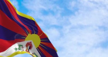 Tiber bayrağının yakın çekimi açık bir günde rüzgarda dalgalanıyor. Çin özerk bölgesi. Kusursuz 3 boyutlu animasyon. Yavaş çekim döngüsü. Seçici odak