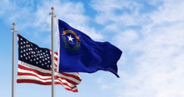 Nevada and american flag waving in the wind on a clear day. Cobalt blue field with a state emblem on the top left. 3d illustration render. Rippled fabric. Selective focus clipart