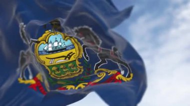 Pensilvanya bayrağının dalgalandığı yakın çekim. Eyalet armalı mavi tarla: Atlar arasında kalkan, üstte kartal. Kusursuz 3 boyutlu animasyon. Yavaş çekim döngüsü. Seçici odak