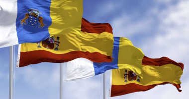 Kanarya Adaları ve İspanyol bayrağı açık havada rüzgarda dalgalanıyor. İspanyol özerk topluluğu. 3D illüstrasyon canlandırıcı. Seçici odaklanma. Yakın plan. Dalgalı tekstil