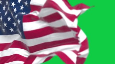 Yeşil arka planda izole edilmiş rüzgarda dalgalanan Amerikan ulusal bayrağının yakın çekimi. Kusursuz 3D canlandırma animasyonu. Krom anahtar. Yavaş çekim döngüsü. Yeşil ekran. 4 bin. Seçici odak