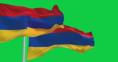 Yeşil arka planda rüzgarda sallanan üç Ermeni bayrağı. Kusursuz 3D canlandırma animasyonu. Krom anahtar. Yavaş çekim döngüsü. Yeşil ekran. 4 bin. Seçici odak