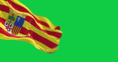 Yeşil arka planda izole edilmiş rüzgarda dalgalanan Aragon bayrağı. Kusursuz 3D canlandırma animasyonu. Krom anahtar. Yavaş çekim döngüsü. Yeşil ekran. 4 bin. Seçici odak