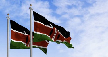 Kenya 'nın bayrakları açık havada sallanıyor. Siyah, kırmızı ve yeşil bantlar beyaz çizgilerle ayrılmış, ortada iki mızrak üzerinde siyah bir Masai kalkanı var. 3D illüstrasyon canlandırıcı. Çırpınan kumaş