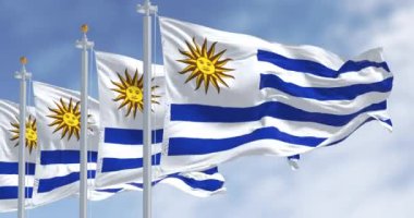 Güneşli bir günde rüzgarda dalgalanan Uruguay ulusal bayrakları. Beyaz ve mavi çizgili ve beyaz kareli Sol de Mayo. Kusursuz 3 boyutlu animasyon. Yavaş çekim döngüsü