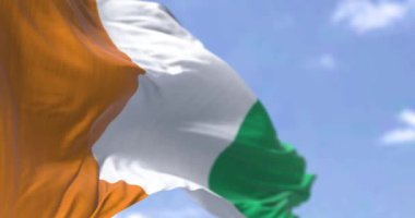 Fildişi Sahili ulusal bayrağı açık bir günde rüzgarda sallanıyor. Üç eşit dikey çizgi: turuncu, beyaz ve yeşil. Kusursuz 3 boyutlu animasyon. Yavaş çekim döngüsü. Seçici odak.