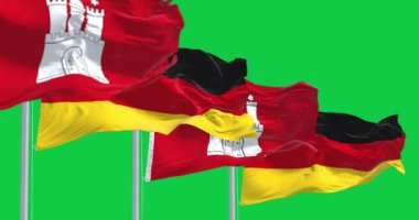 Yeşil arka planda izole edilmiş Alman ulusal bayrakları sallanan Hamburg şehir-eyalet bayrakları. Kusursuz 3D canlandırma animasyonu. Krom anahtar. Yavaş çekim döngüsü. Yeşil ekran. 4 bin. Seçici odak