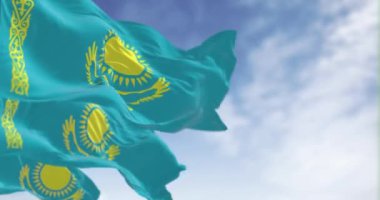 Kazakistan ulusal bayrakları açık bir günde dalgalanıyor. Kusursuz 3 boyutlu animasyon. Yavaş çekim döngüsü. Seçici odak.